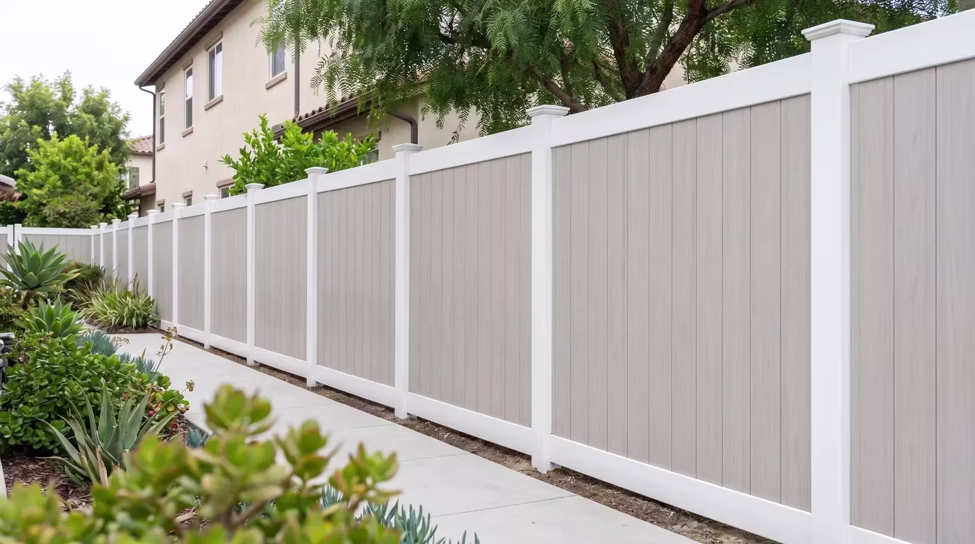 A White vinyl frame holds Mesquite boards past a pepper tree canopy and mixed succulents