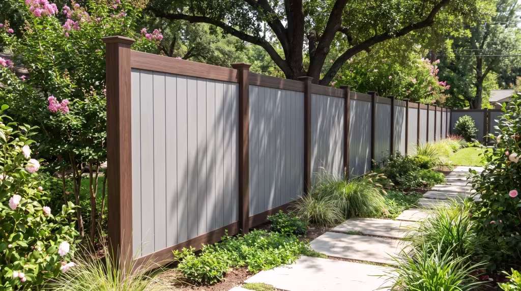 Gray vertical boards pair with Dark Sequoia vinyl framing past camellias and pale stone paving