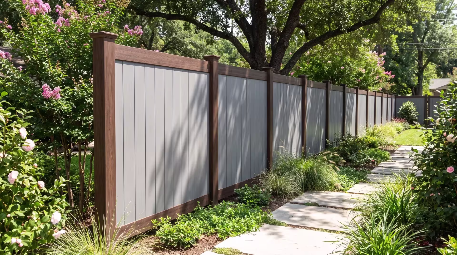 Gray vertical boards pair with Dark Sequoia vinyl framing past camellias and pale stone paving