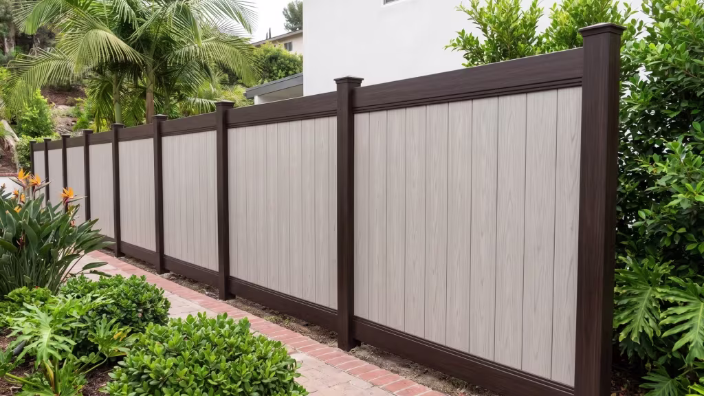 Dark Sequoia framing and Mesquite boards form a vinyl two-tone privacy fence beside a brick garden path