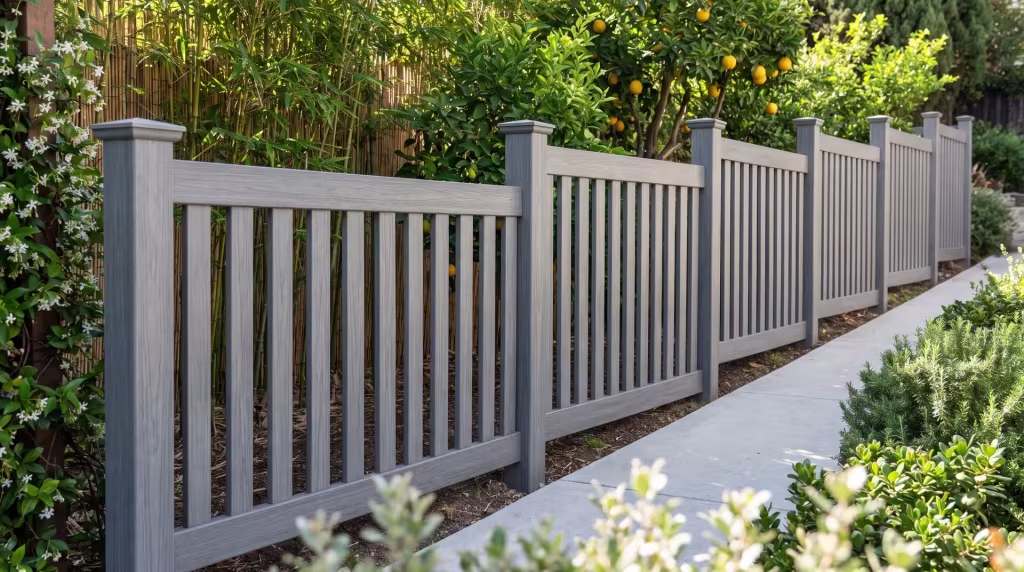 Arctic Blend vinyl picket fence stepping down a sloped hillside garden past bamboo screening, closed top with vertical boards