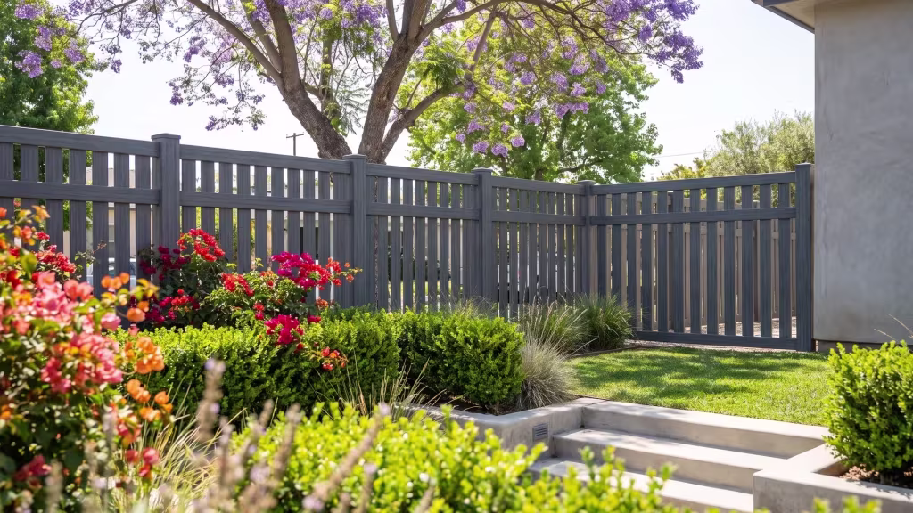 Arctic Blend vinyl vertical picket fence enclosing a drought-aware garden beside a modern home