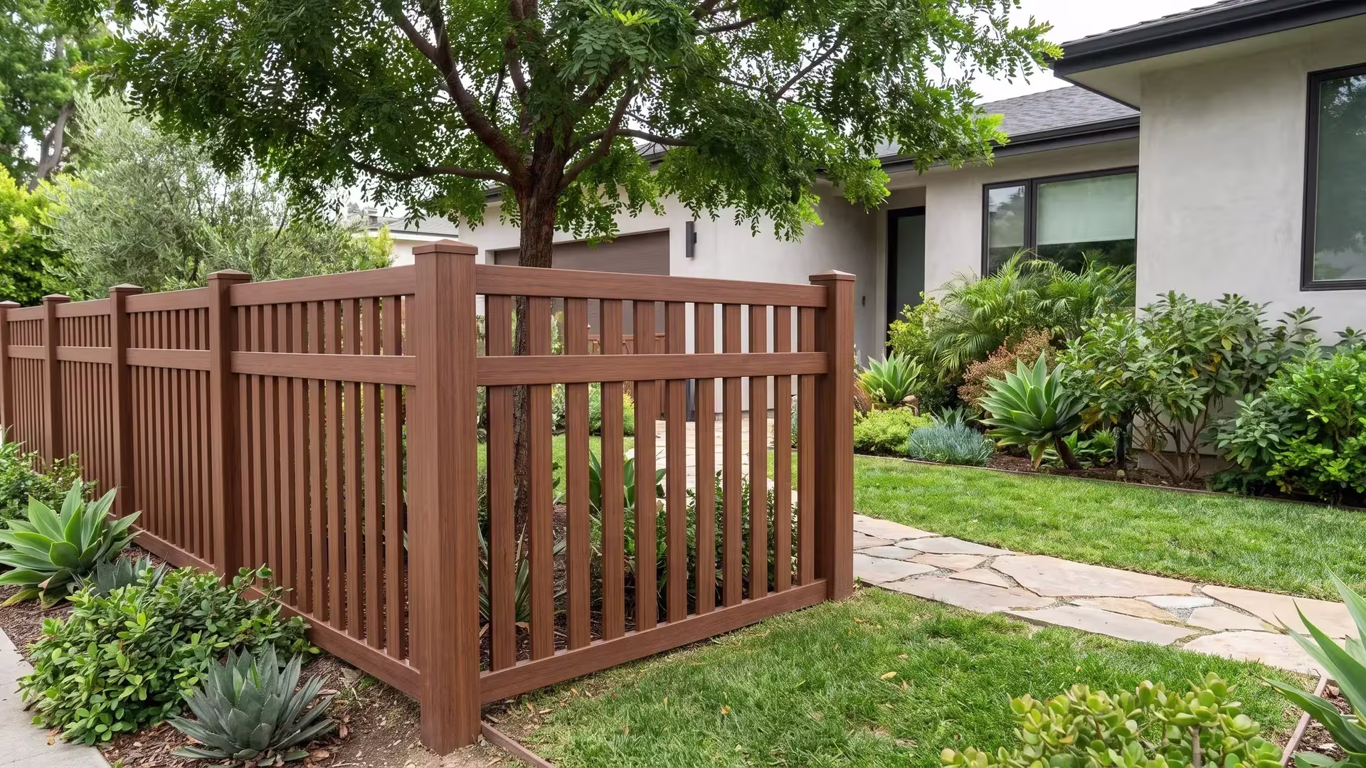 Brazilian Blend vertical picket vinyl fence bordering a narrow flagstone walk through a front lawn