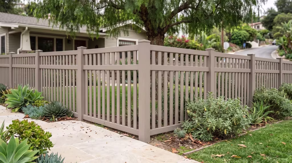 Clay vinyl picket fence turning the corner of a hillside lot edged in pale stone paving, closed top vertical boards