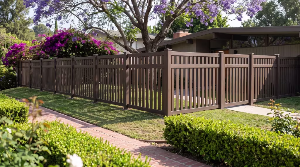 Dark Walnut vinyl picket fence running beside a brick edged path under a jacaranda canopy, closed top vertical boards