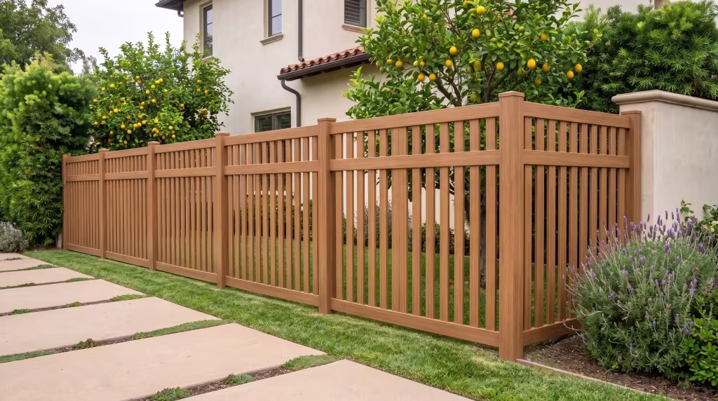 Sierra Blend vinyl picket fence bordering a lawn entry walk set in planted paver joints, closed top vertical boards