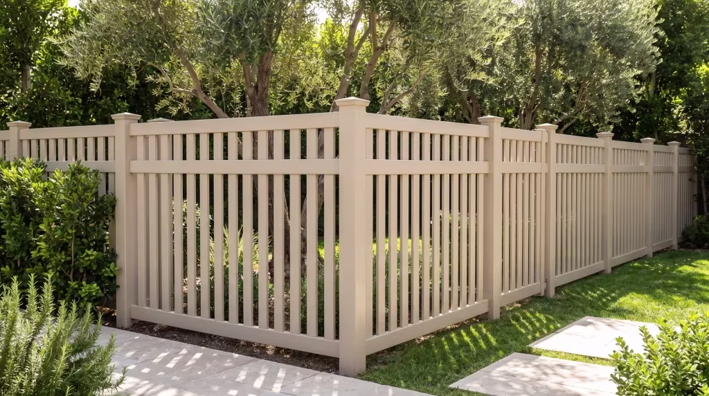Tan vinyl picket fence wrapping the corner of a bungalow yard shaded by olive trees, closed top vertical boards