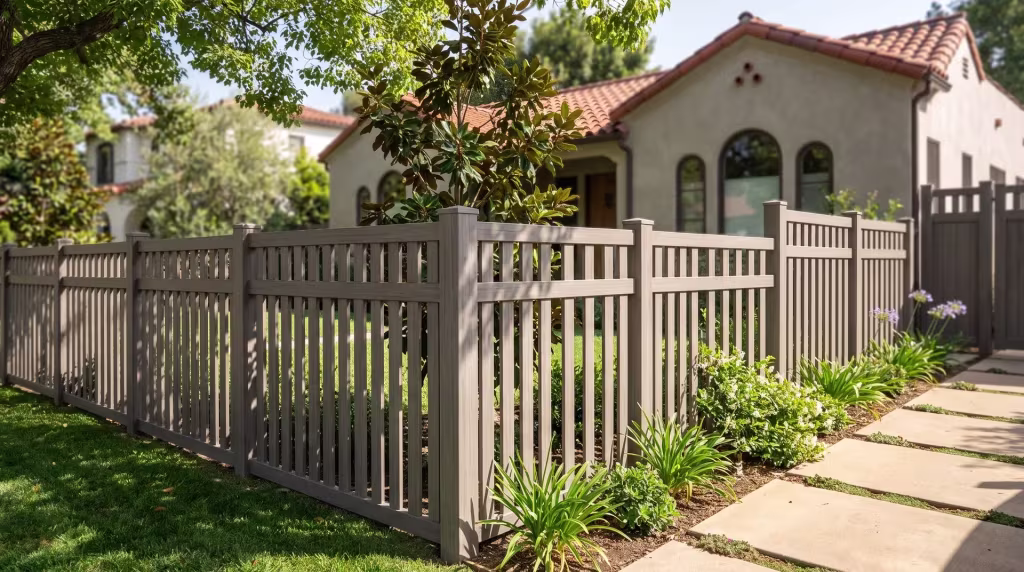 Weathered Blend vinyl picket fence lining a layered front garden beside the public sidewalk, closed top vertical boards