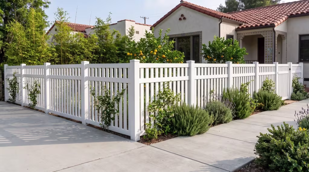 White vinyl picket fence backed by bamboo screening in a drought aware Spanish Revival garden, closed top vertical boards