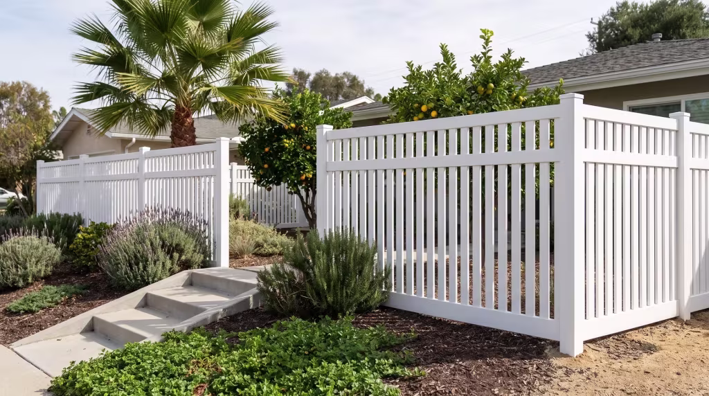 White vinyl picket fence set beside poured concrete steps in a mid century ranch yard, closed top vertical boards