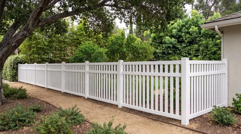 A mature street tree shades this White vinyl picket fence along a suburban front yard, closed top vertical boards