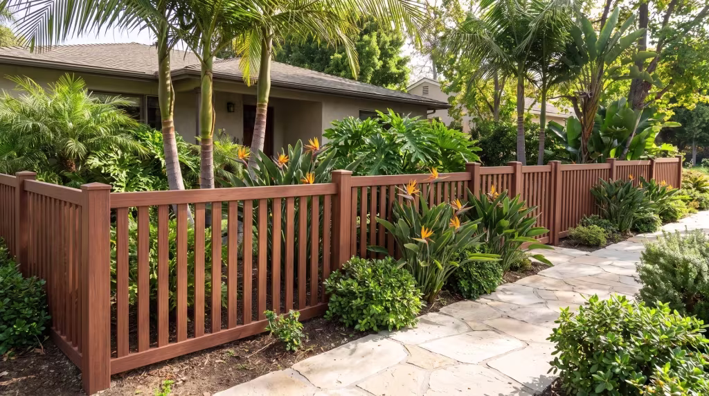 Brazilian Blend vinyl picket fence descending a bungalow slope past queen palms, closed top vertical boards