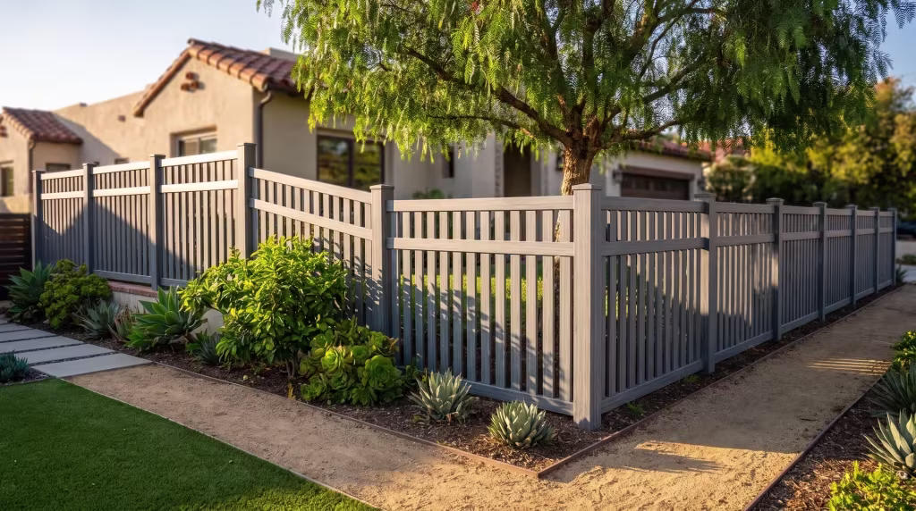 Arctic Blend vinyl picket fence descending a stepped slope beneath a spreading pepper tree canopy, closed top vertical boards