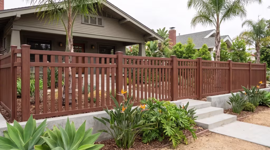 Brazilian Blend vinyl picket fence bordered by philodendron and bird of paradise near a bungalow, closed top vertical boards