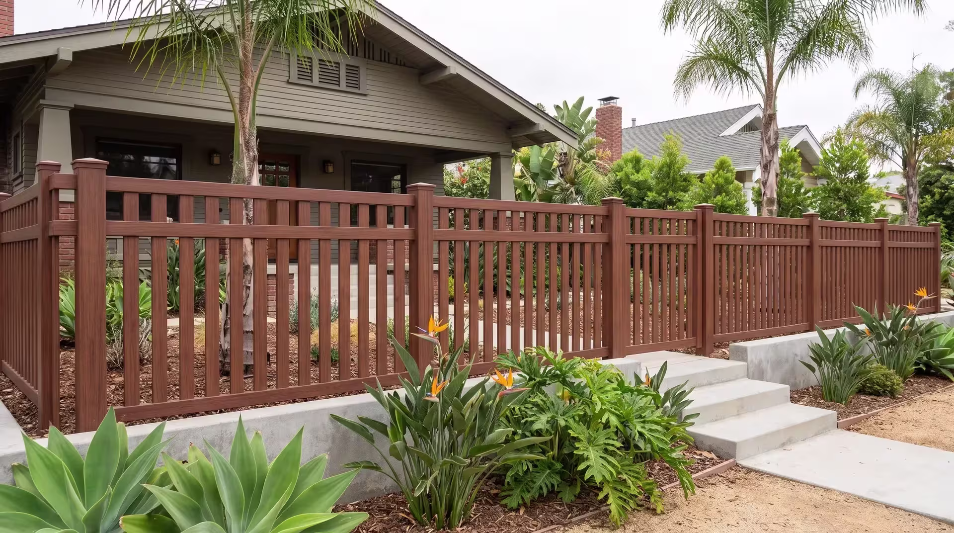 Brazilian Blend vinyl picket fence bordered by philodendron and bird of paradise near a bungalow, closed top vertical boards