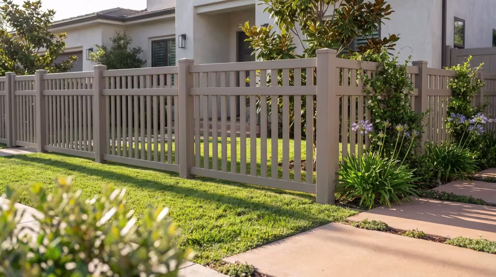 Clay vinyl picket fence enclosing a shallow entry lawn planted with magnolia and jasmine, closed top vertical boards