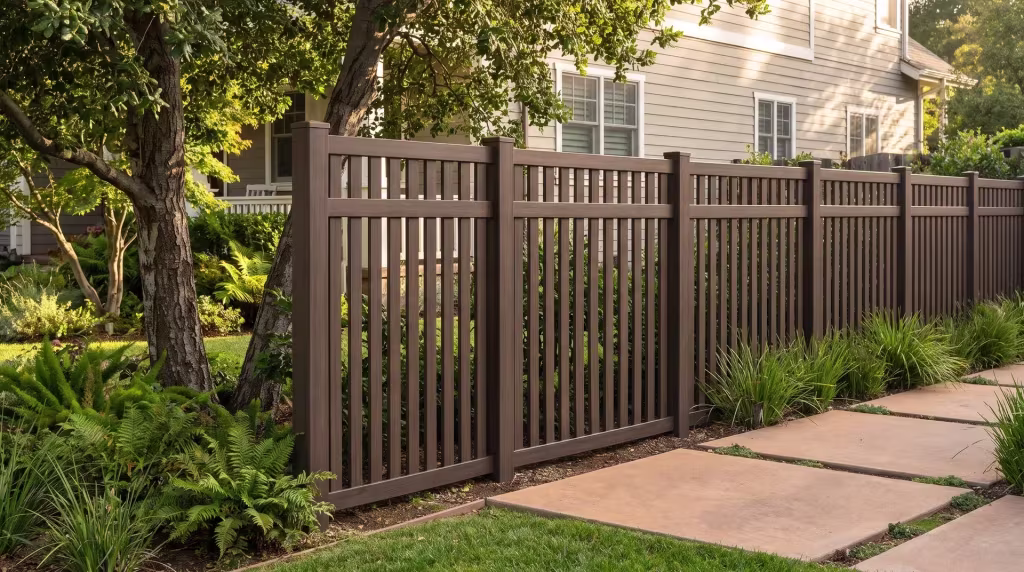 Dark Walnut vinyl picket fence, closed top with vertical boards, shaded by a coast live oak beside the sidewalk