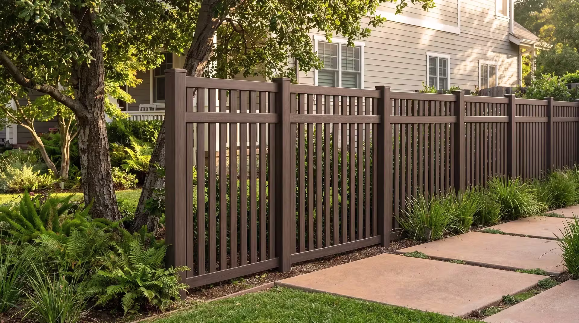 Dark Walnut vinyl picket fence, closed top with vertical boards, shaded by a coast live oak beside the sidewalk