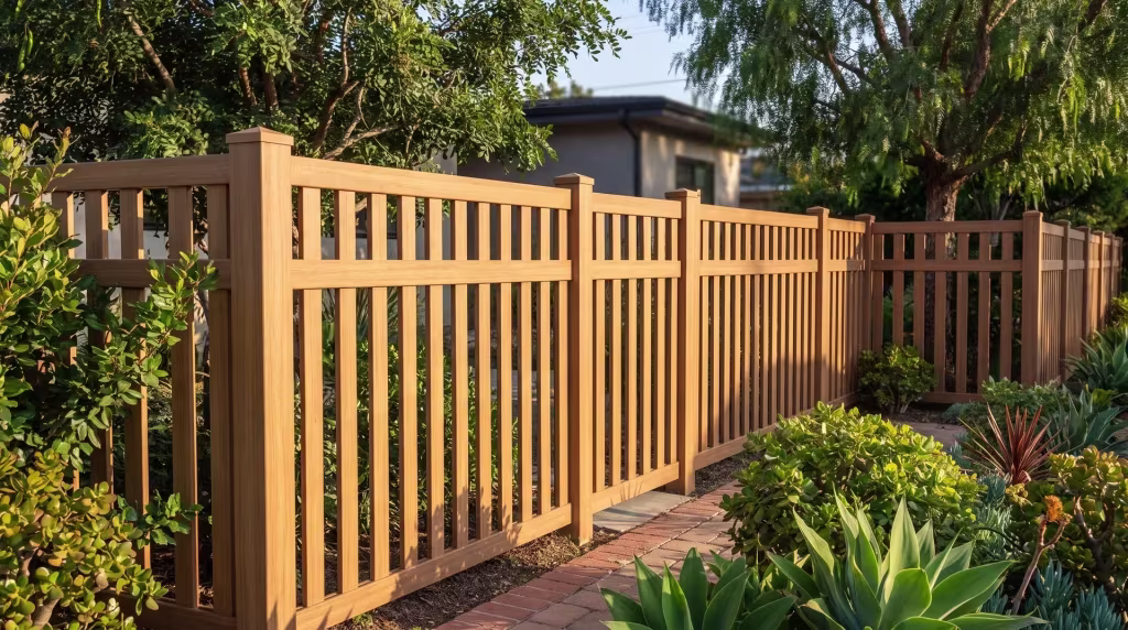 Sierra Blend vinyl picket fence, closed top, bordering a brick edged path lined with succulents and turf