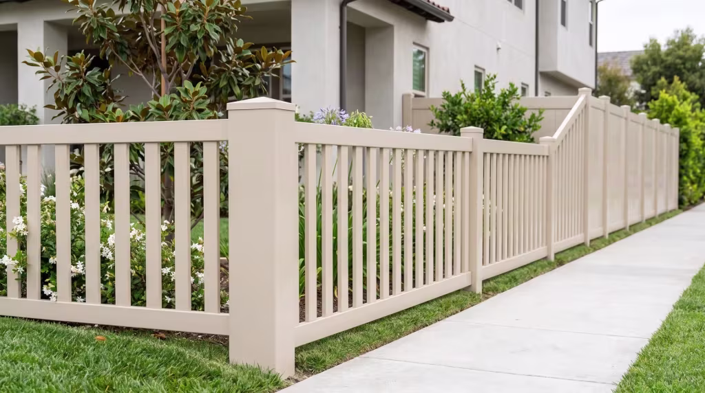 Tan vinyl closed-top picket fence rising beside a broom finished walk among magnolia, jasmine, and agapanthus