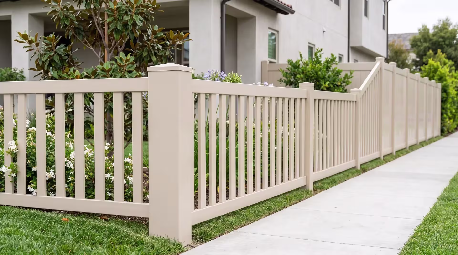 Tan vinyl closed-top picket fence rising beside a broom finished walk among magnolia, jasmine, and agapanthus