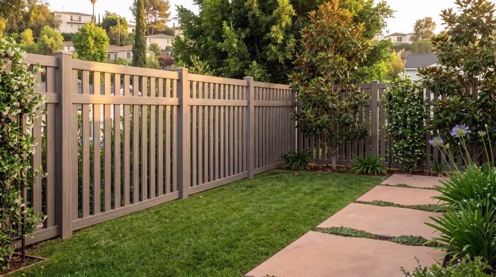Weathered Blend vinyl picket fence set where a hillside garden path bends, its posts anchored in planted paver joints