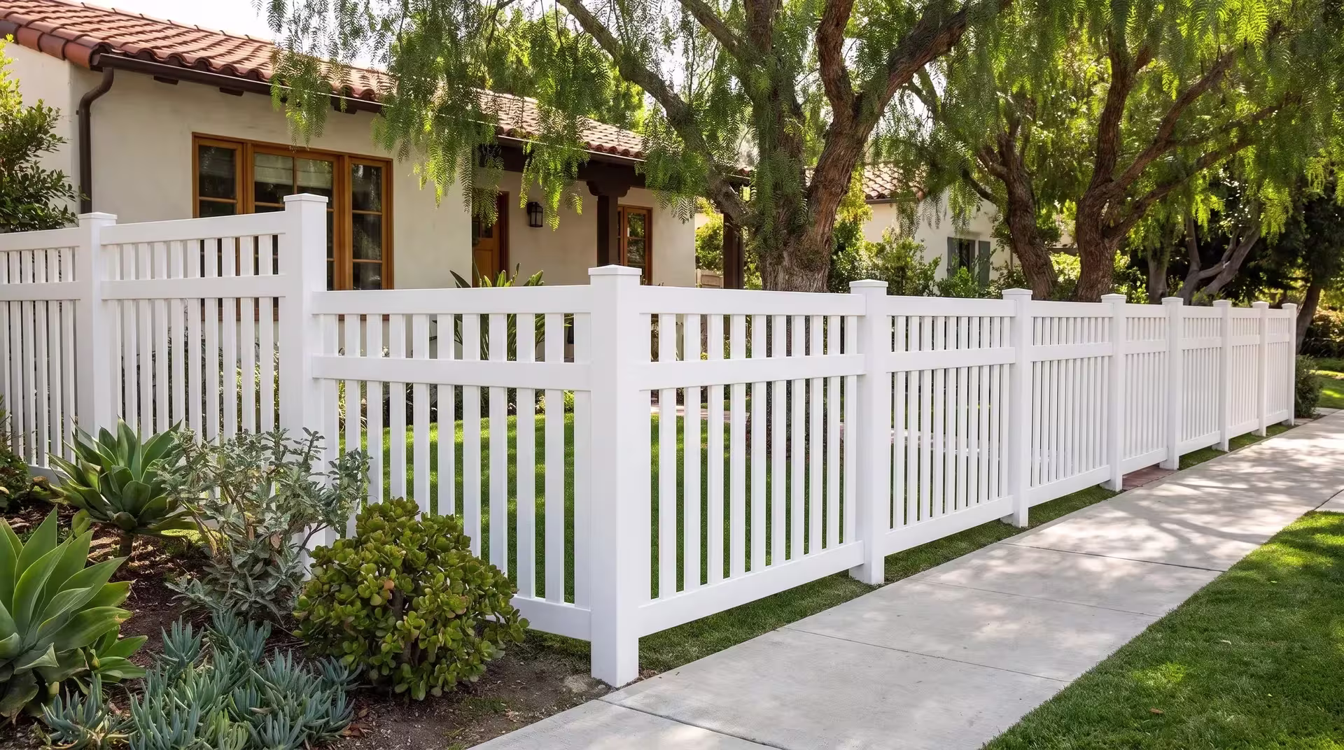 White vinyl closed-top picket fence turning the corner in front of a Mediterranean style home