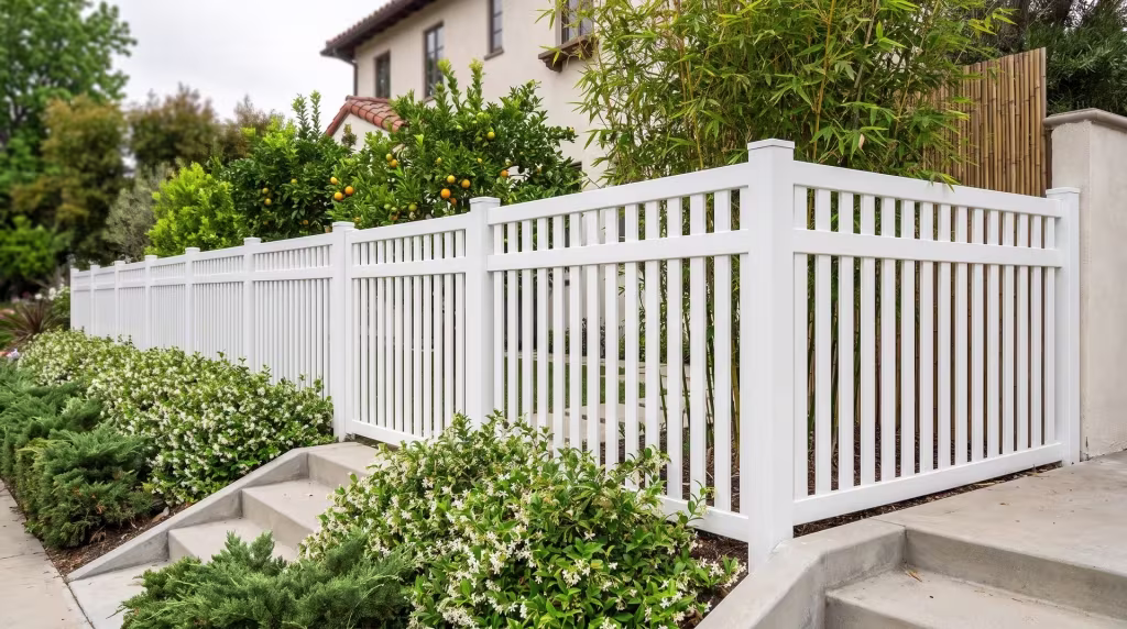 Stepped White vinyl picket panels with a closed top follow the grade of a sloped front garden