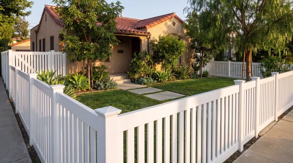 A closed-top White vinyl picket fence frames the entry walk of a compact bungalow
