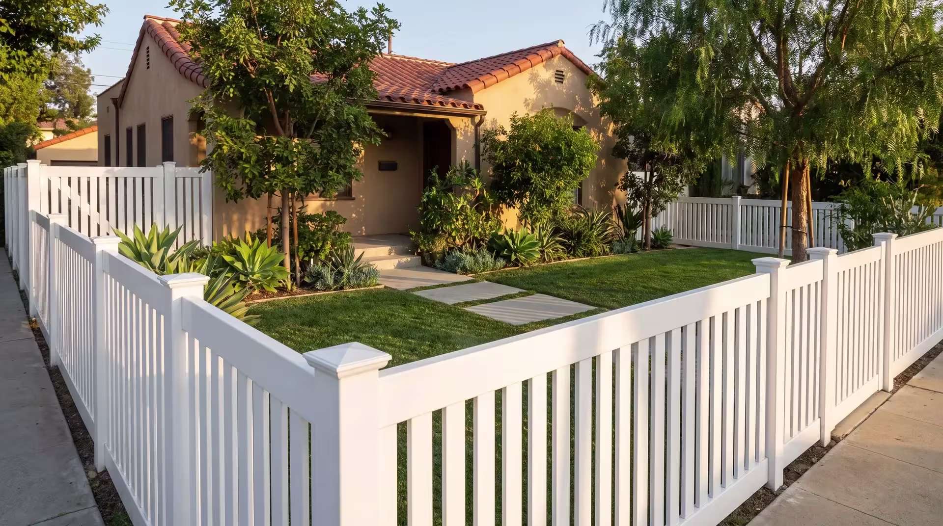 A closed-top White vinyl picket fence frames the entry walk of a compact bungalow