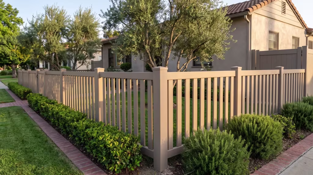 Clay vinyl picket fence, closed top, bordered by olive trees and clipped pittosporum at a duplex