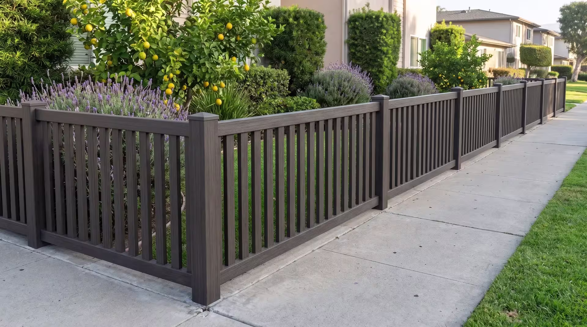 Dark Walnut vinyl picket fence set among lemon trees and podocarpus at a small courtyard property, closed top