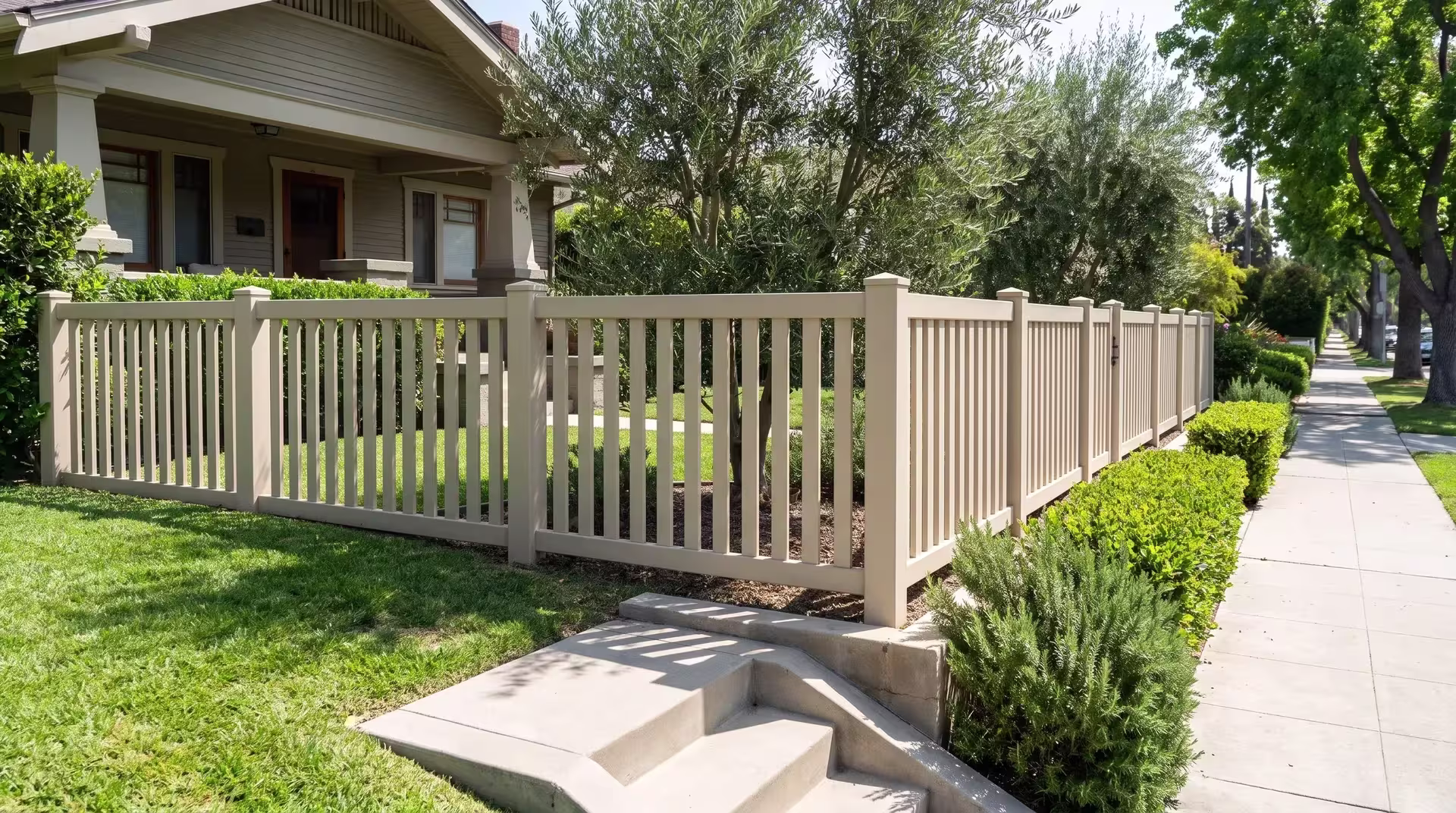 Tan vinyl picket fence lining a Craftsman bungalow yard past poured concrete steps, closed top with vertical boards