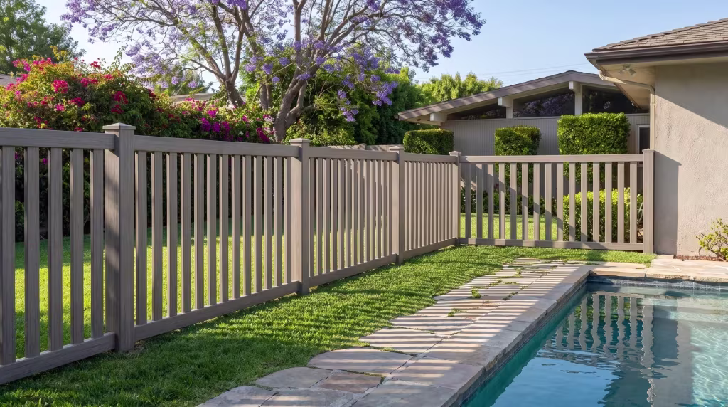Weathered Blend vinyl picket fence separating a pool terrace from the lawn at a duplex, closed top