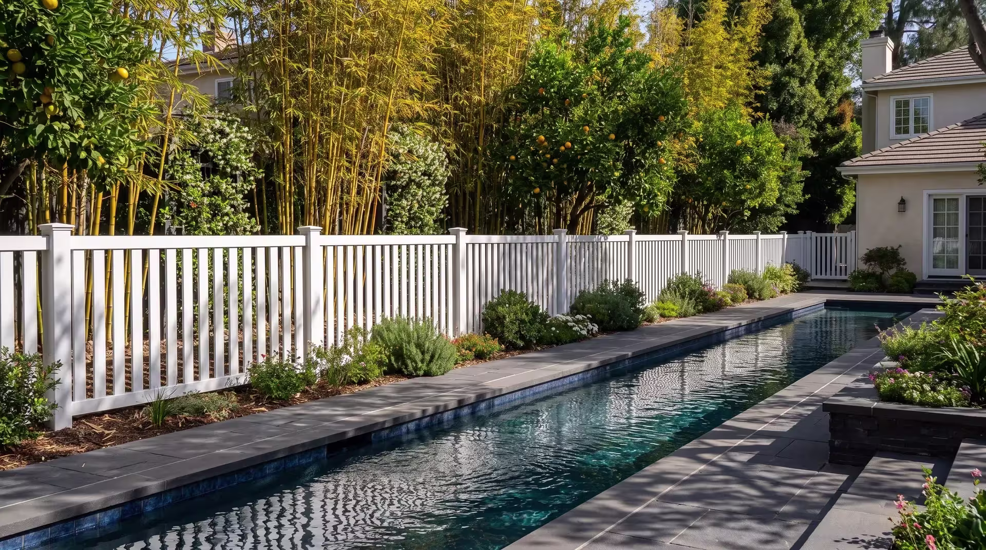 Charcoal pavers line the lap pool this White vinyl picket fence runs beside, closed top throughout