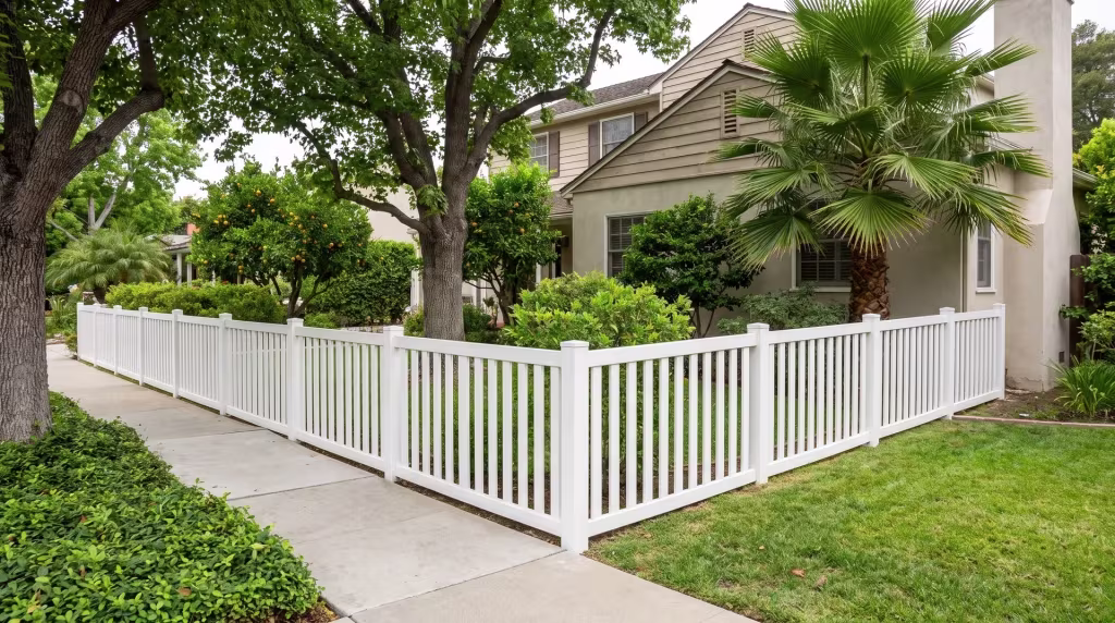 A fan palm casts afternoon shade across this White vinyl picket fence beside a two story home, closed top throughout
