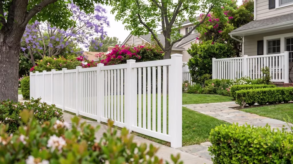 A jacaranda canopy shades the front lawn where this White vinyl picket fence stands, closed top throughout