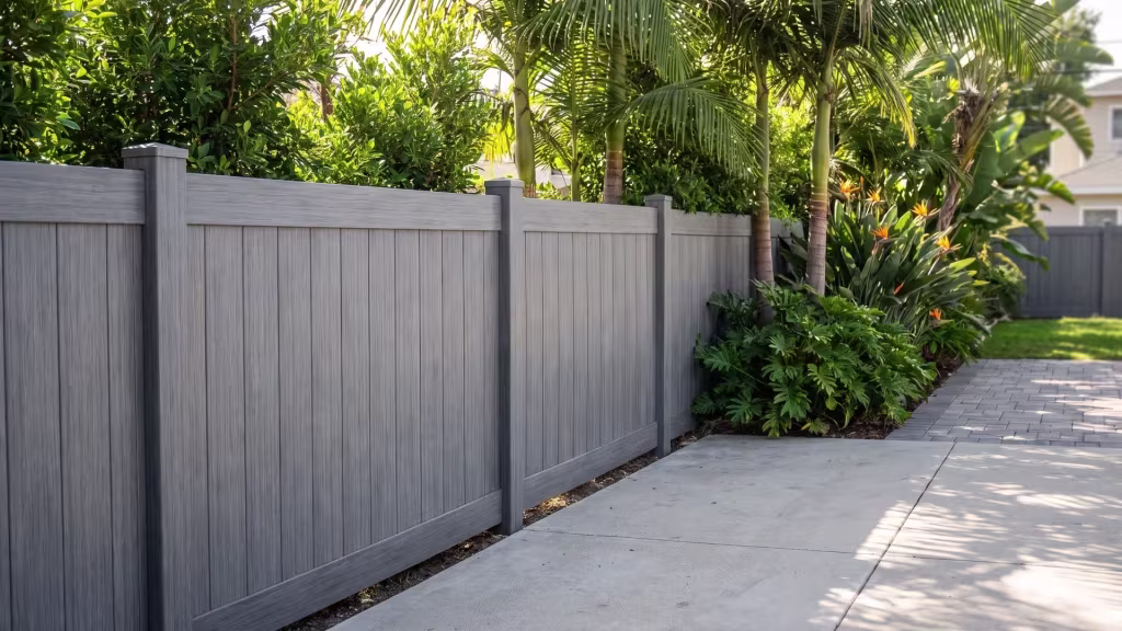 A private rear lawn meets a paved patio behind Arctic Blend vinyl vertical privacy fencing and queen palms