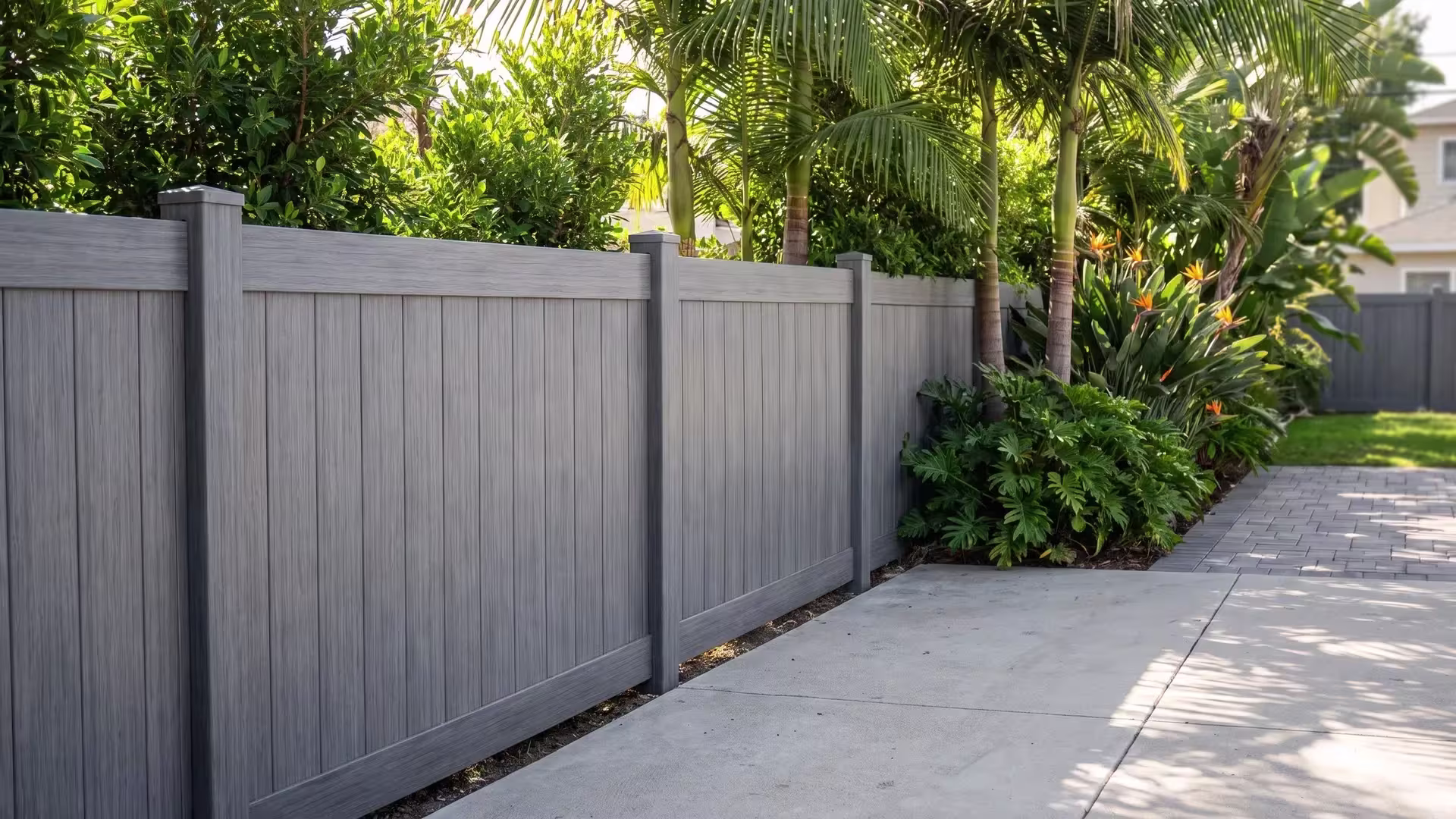 A private rear lawn meets a paved patio behind Arctic Blend vinyl vertical privacy fencing and queen palms