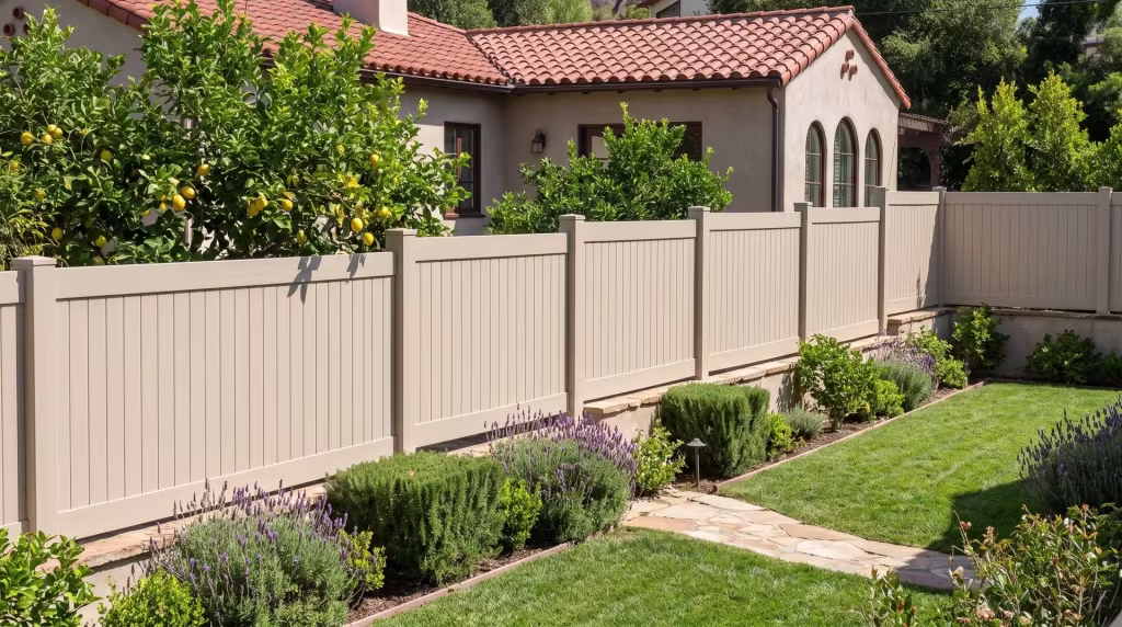 Lemon trees and a flagstone walk frame this Tan vertical privacy vinyl fence along the lawn