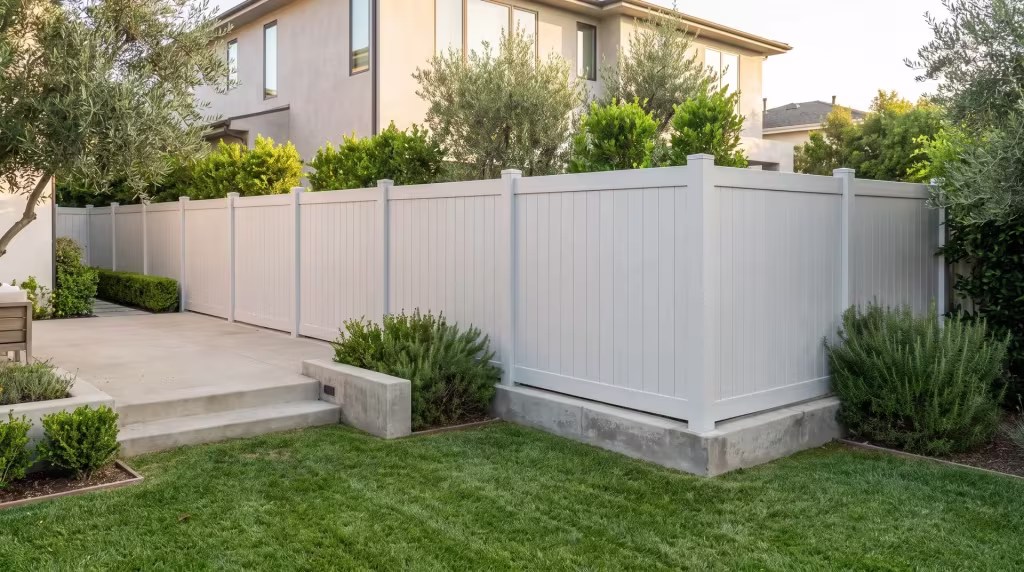Mature olive trees and clipped pittosporum meet a Weathered Aspen vinyl privacy fence by the patio