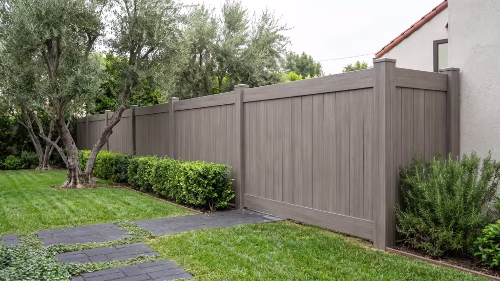 Weathered Blend vinyl vertical privacy fencing runs among clipped pittosporum and dark pavers by a Spanish Revival house
