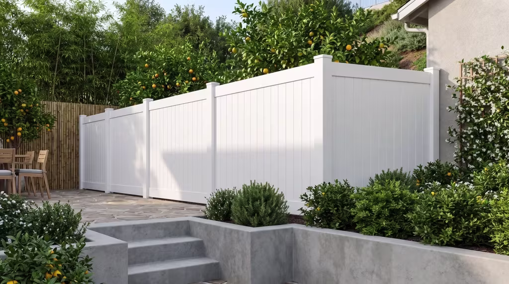 Bamboo screening and star jasmine grow beside this White vinyl vertical privacy fence enclosing the terrace