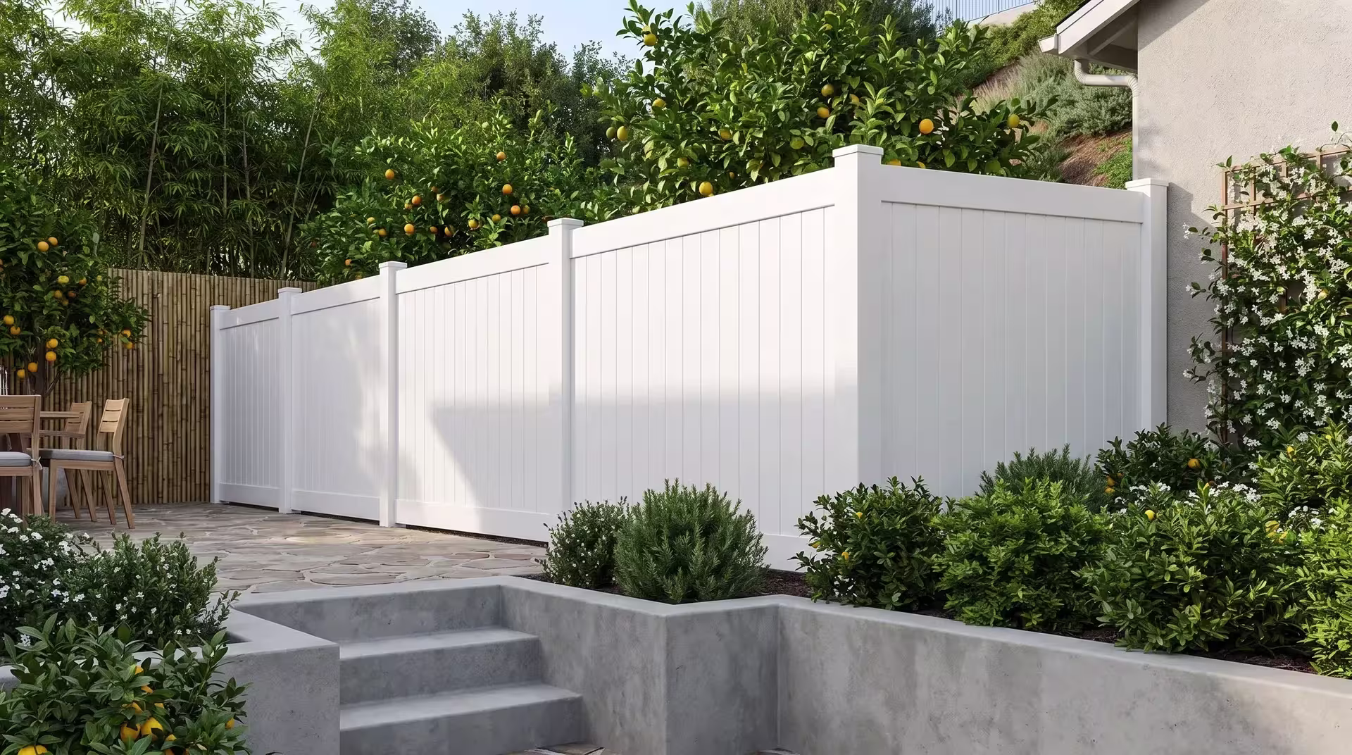 Bamboo screening and star jasmine grow beside this White vinyl vertical privacy fence enclosing the terrace