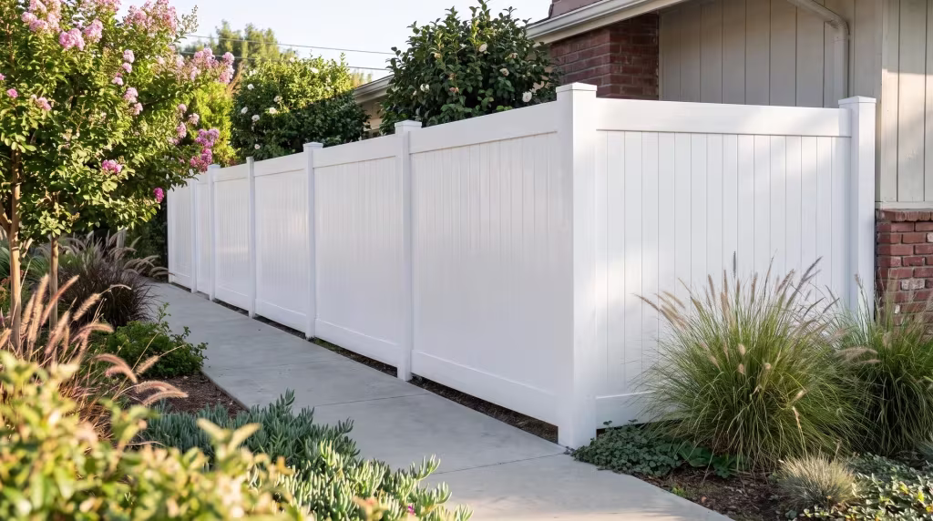 A broom-finished concrete walk runs beside crepe myrtle and this White vinyl privacy fence in the side yard