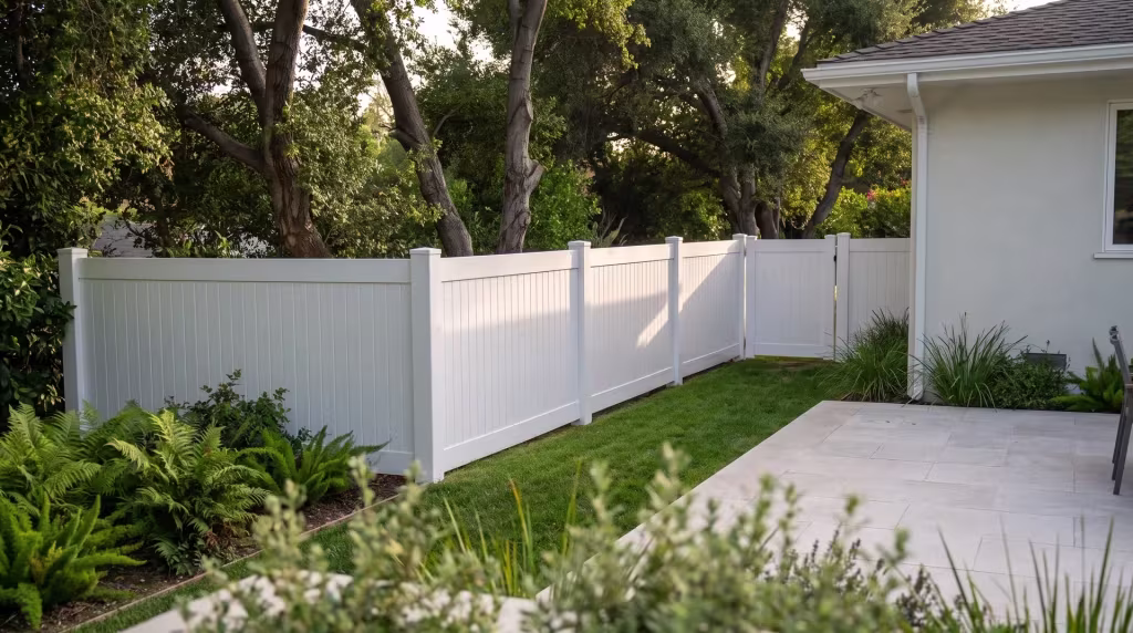 Coast live oak shade and ferns surround a White vinyl vertical privacy fence closing the terrace