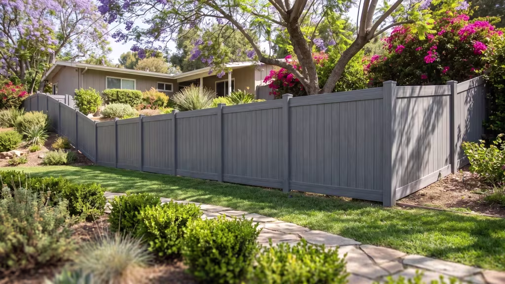 Stepped Arctic Blend vinyl vertical privacy panels level a terraced hillside yard beneath a jacaranda canopy