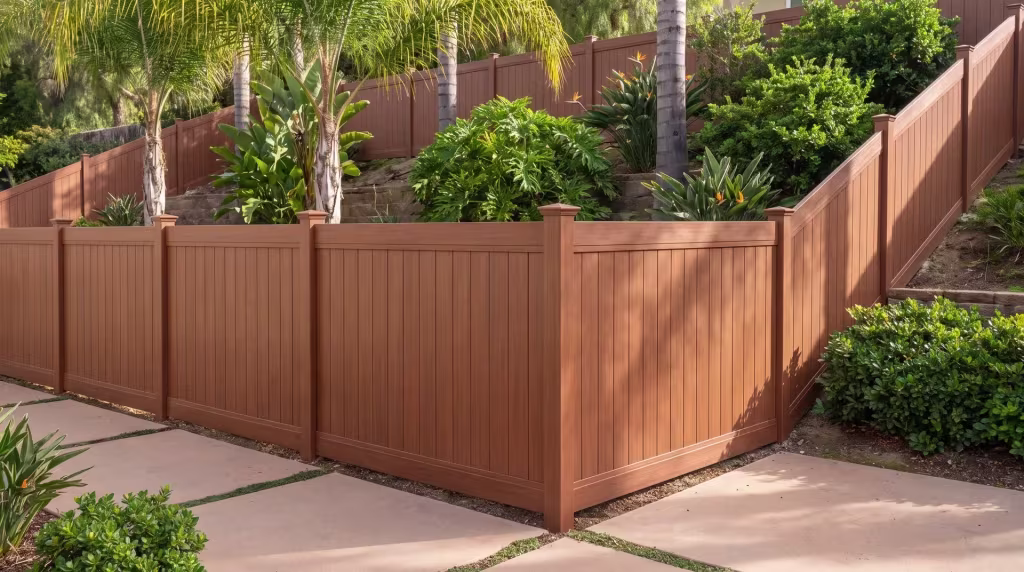 Queen palms and warm concrete pavers frame a Brazilian Blend vinyl privacy fence along the yard