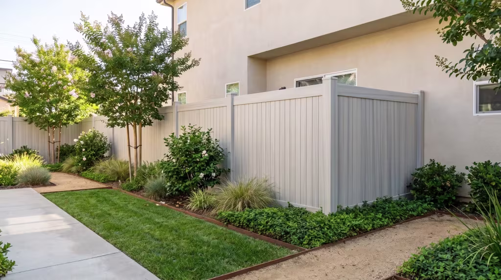 Decomposed-granite paths and blooming crepe myrtle border this Coastal Cedar vinyl vertical privacy fence