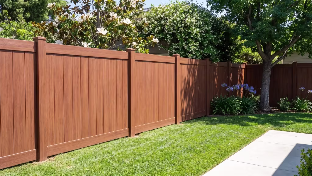 A deep hillside backyard stays enclosed by a Brazilian Blend vinyl vertical privacy fence beneath a shade tree and magnolia